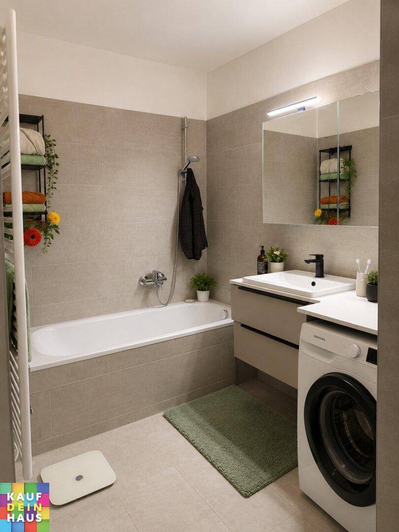 Modernes Badezimmer mit Badewanne, Einzelwaschbecken und einer integrierten Waschmaschine.