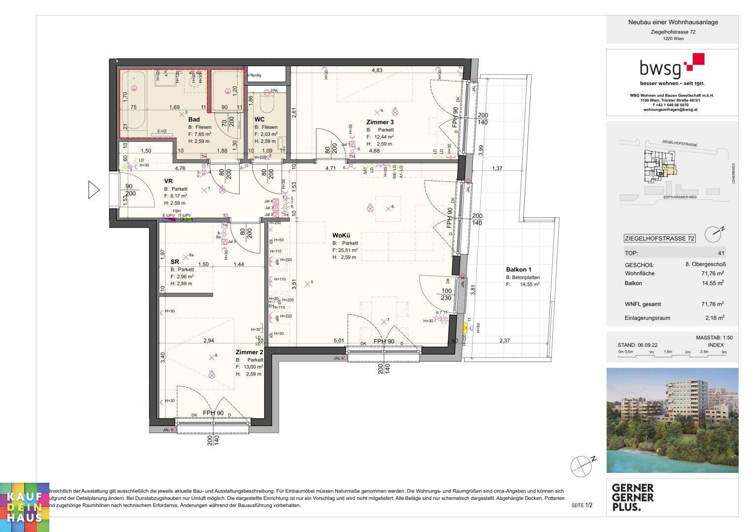Detaillierter Grundriss einer Wohnung mit drei Zimmern, einem Bad, WC und einem Balkon.