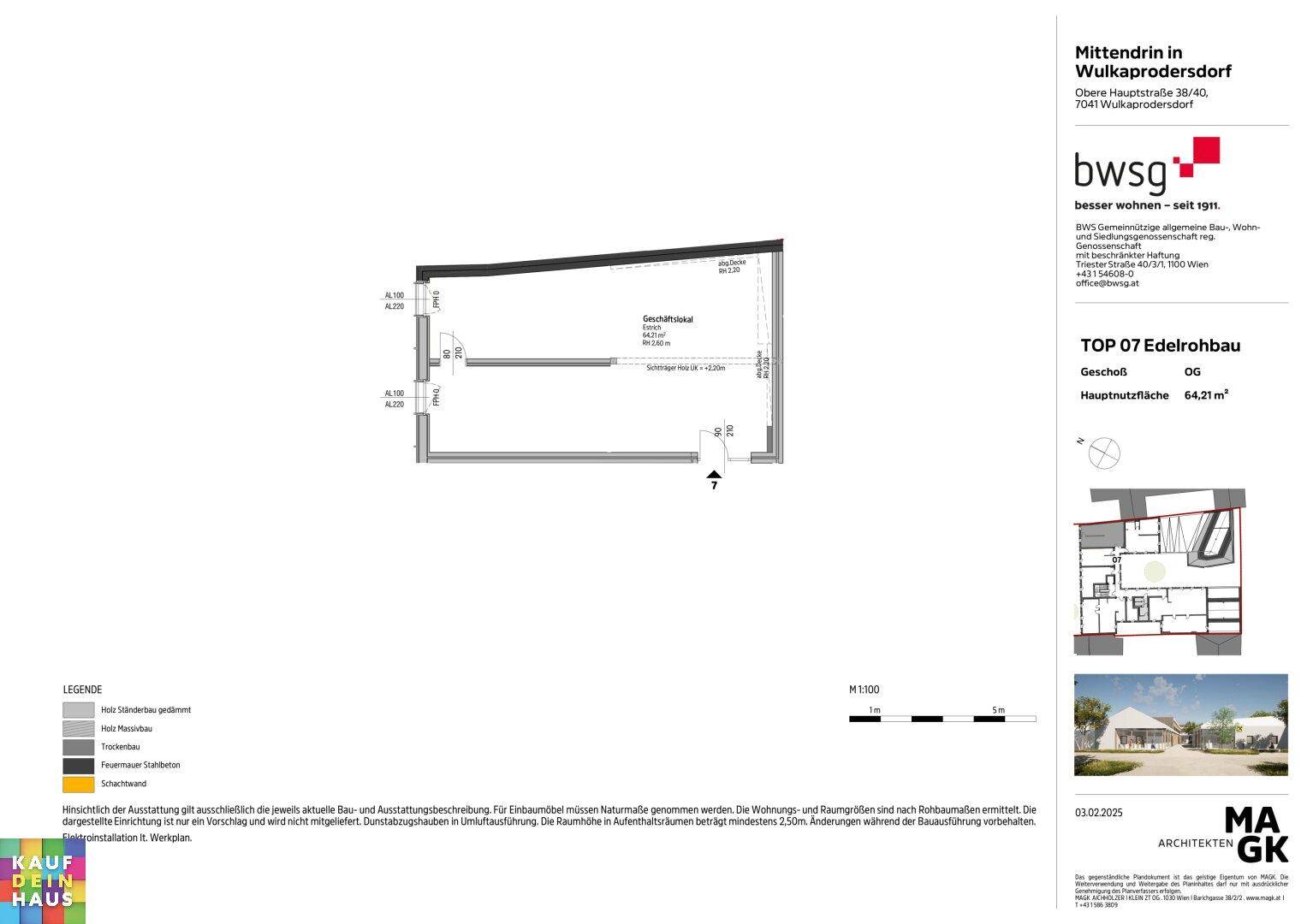 Grundriss für TOP 07 Edelrohbau, zeigt die Raumaufteilung einer 64,21 m² großen Wohneinheit.
