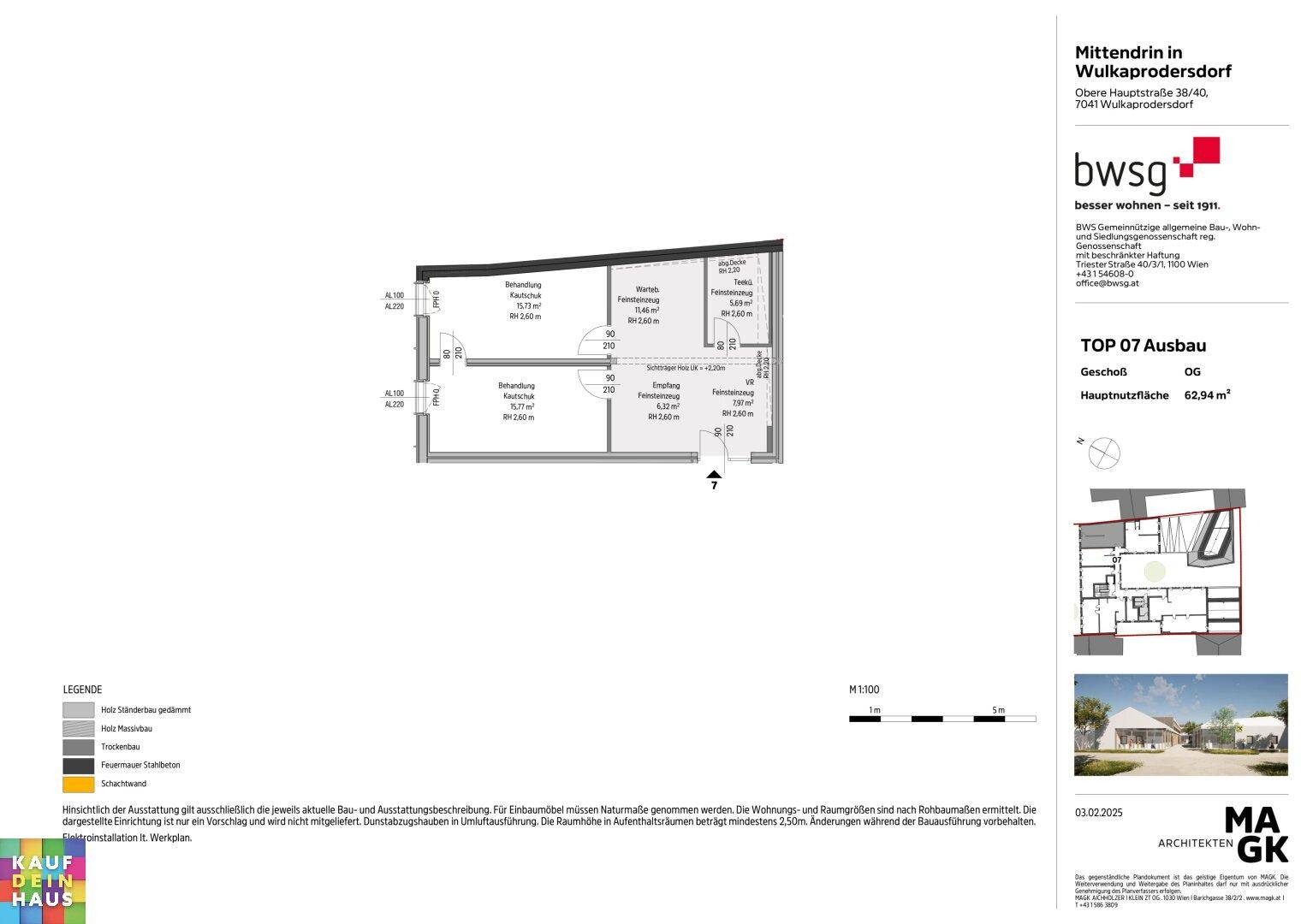 Grundriss für TOP 07 Ausbau, zeigt die detaillierte Raumaufteilung einer 62,94 m² großen Wohneinheit.