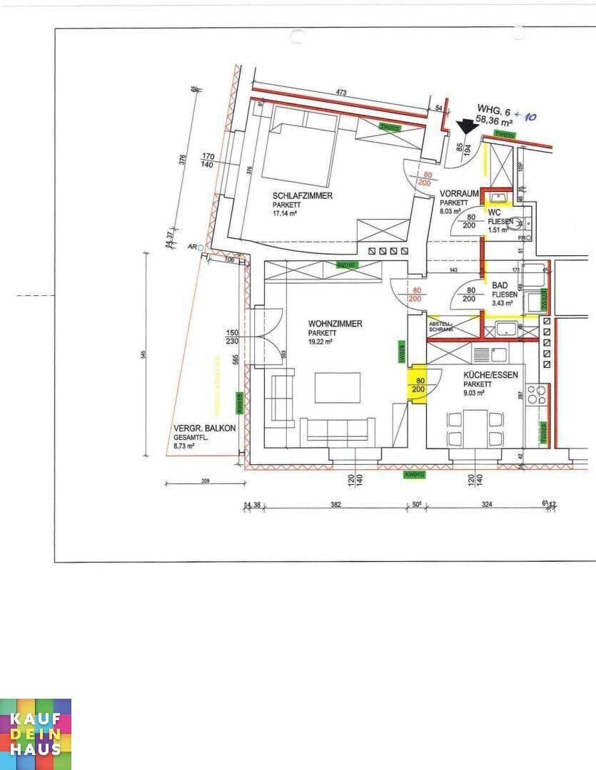 Grundriss einer Wohnung mit Schlafzimmer, Wohnzimmer, Küche/Essbereich, Bad, separatem WC und Balkon.