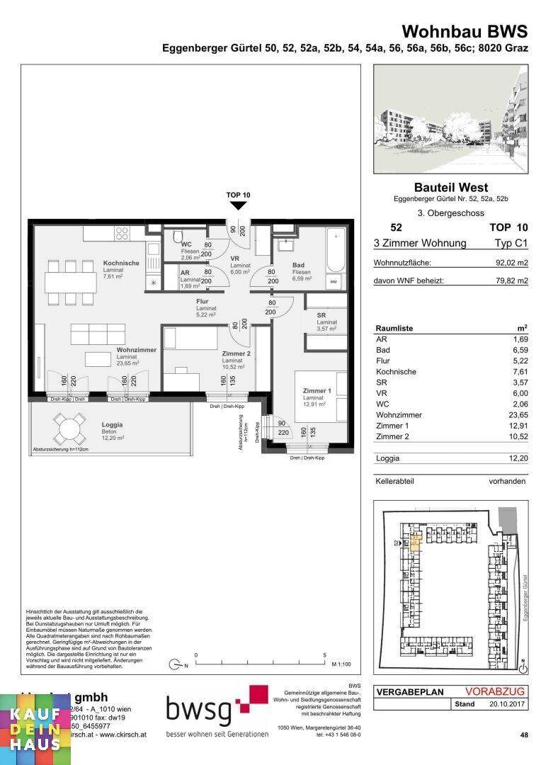 Detaillierter Grundriss einer 3-Zimmer-Wohnung mit Loggia und Kellerabteil.