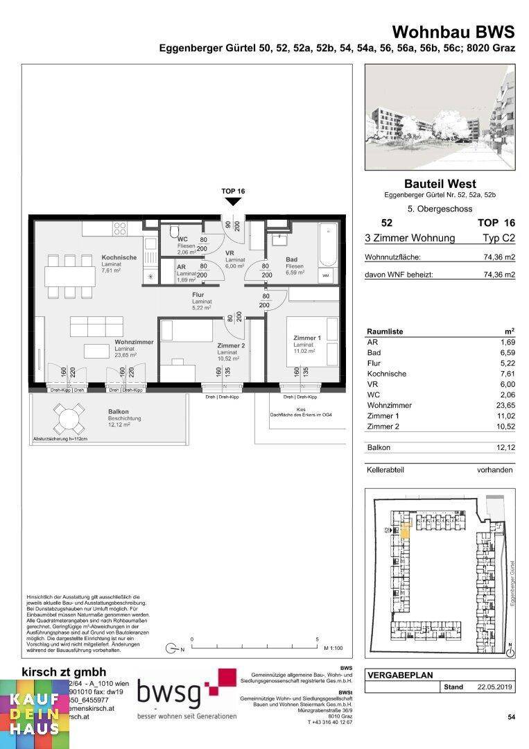 Grundriss einer 3-Zimmer-Wohnung mit Balkon, separatem WC und detaillierter Raumaufteilung.