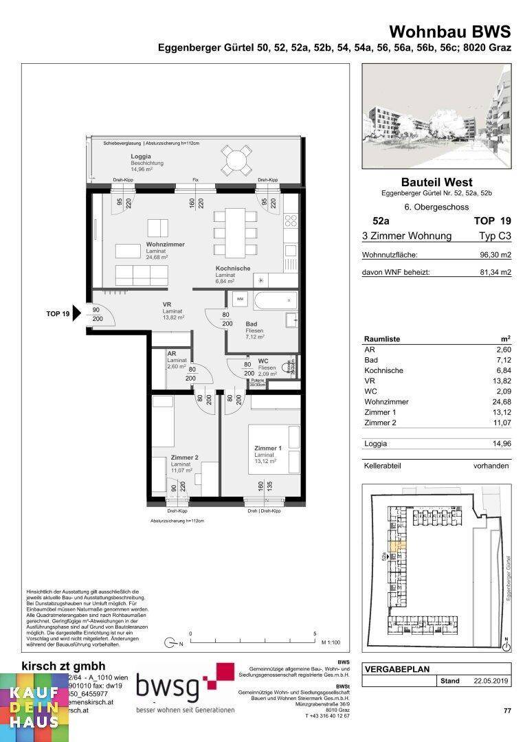 Grundriss einer 3-Zimmer-Wohnung im 6. Obergeschoss mit offener Küche, Loggia und separatem WC.