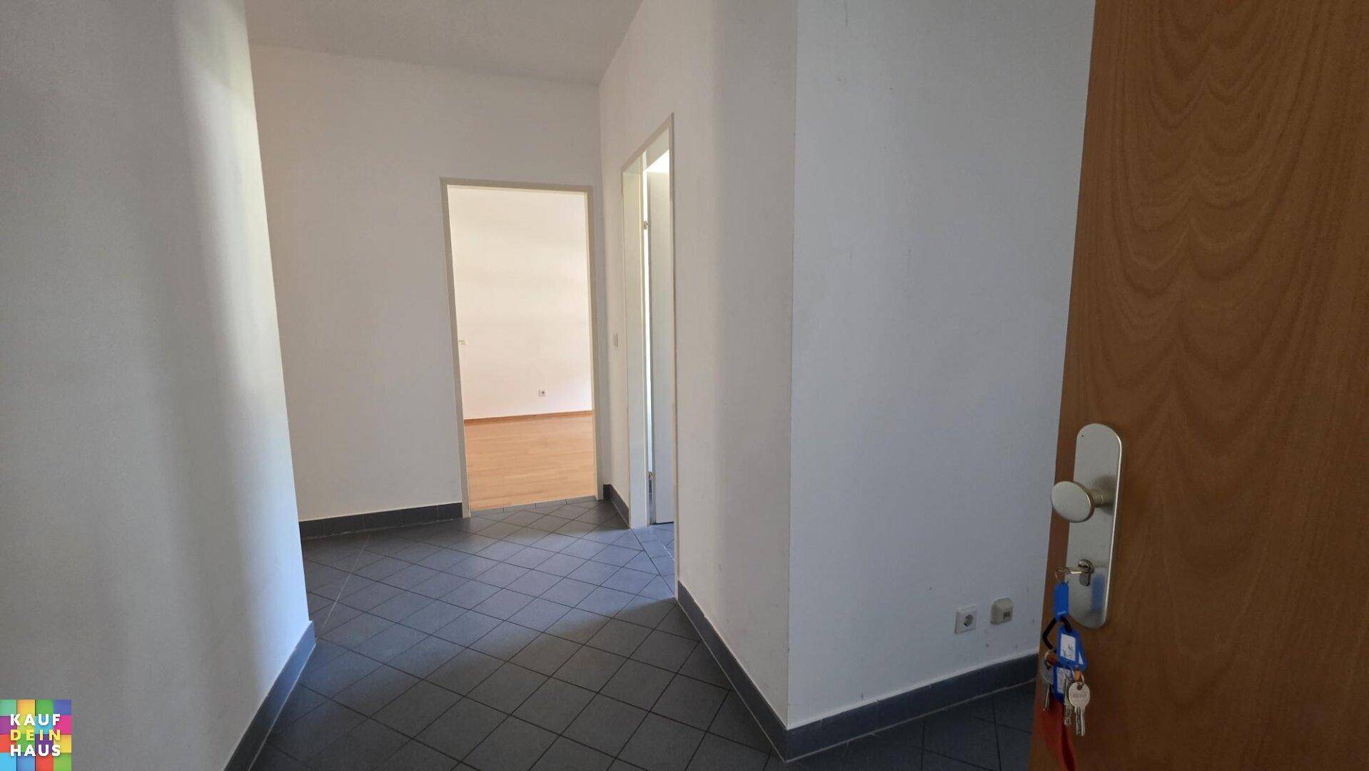 Eingangsbereich mit dunklem Fliesenboden und weiß gestrichenen Wänden, führt zu weiteren Räumen.