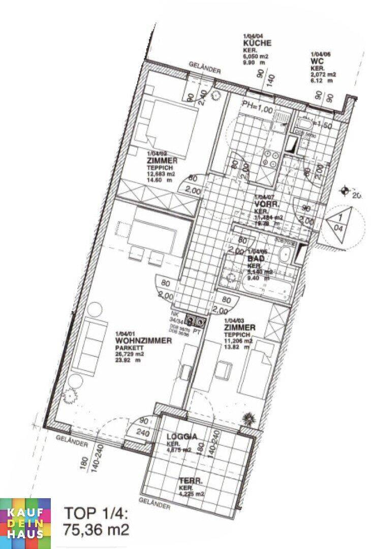 Grundrissplan einer Wohnung mit Loggia und Terrasse, zeigt die Raumaufteilung und Flächen.
