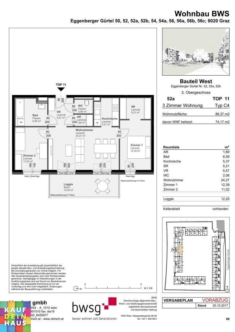 Grundriss einer 3-Zimmer-Wohnung mit offener Wohnküche, Loggia und separatem Gäste-WC.