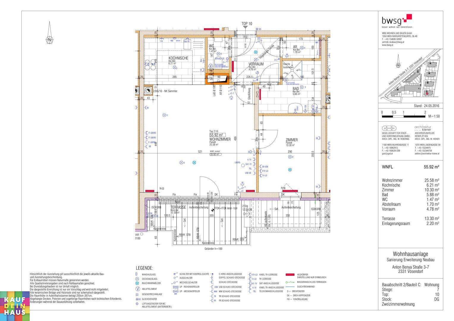 Grundriss einer Zweizimmerwohnung mit offener Küche, Bad, separatem WC und Terrasse.