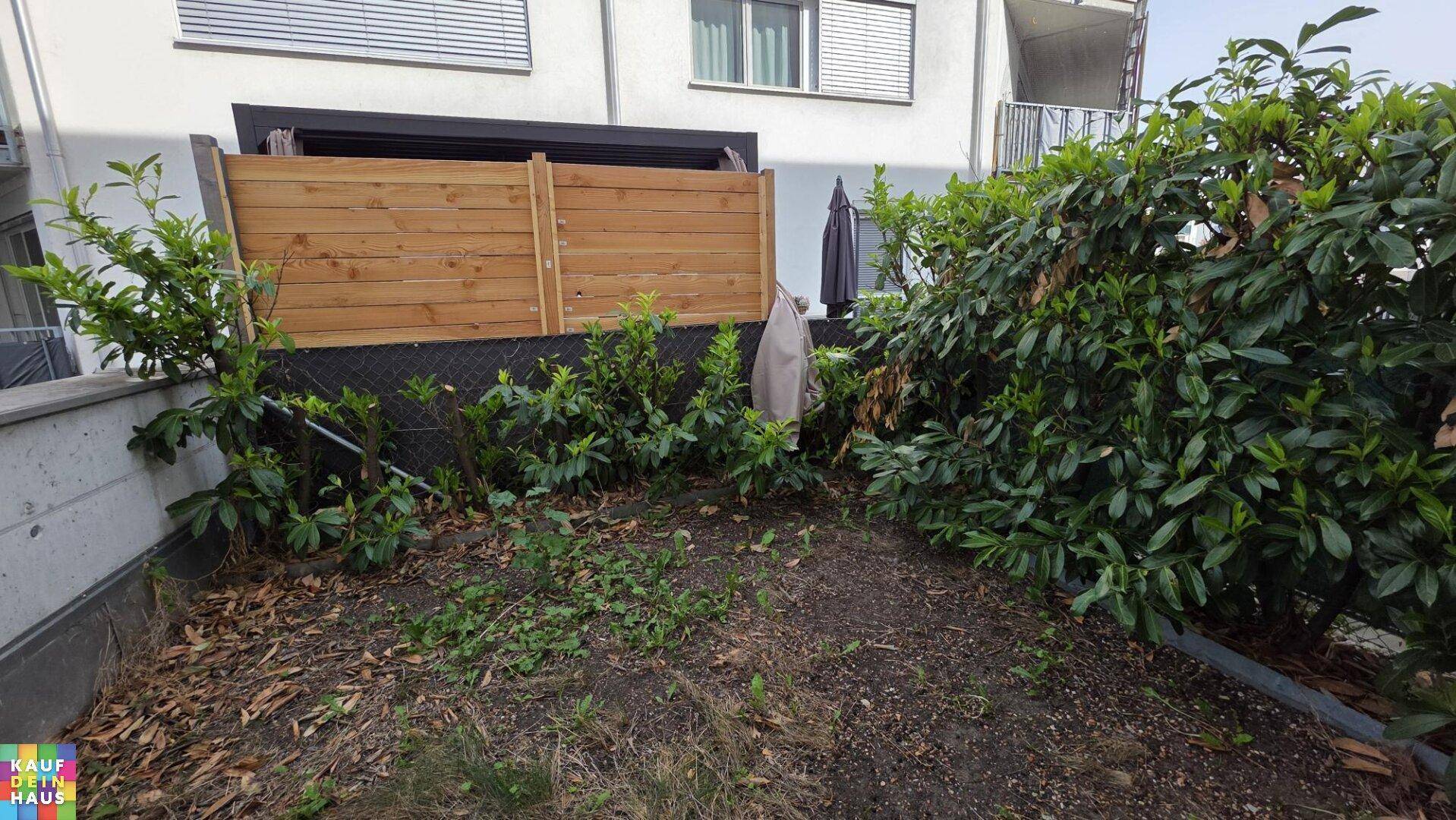 Kleiner Gartenbereich mit Hecken und Holzabtrennung, ideal für private Stunden im Freien.