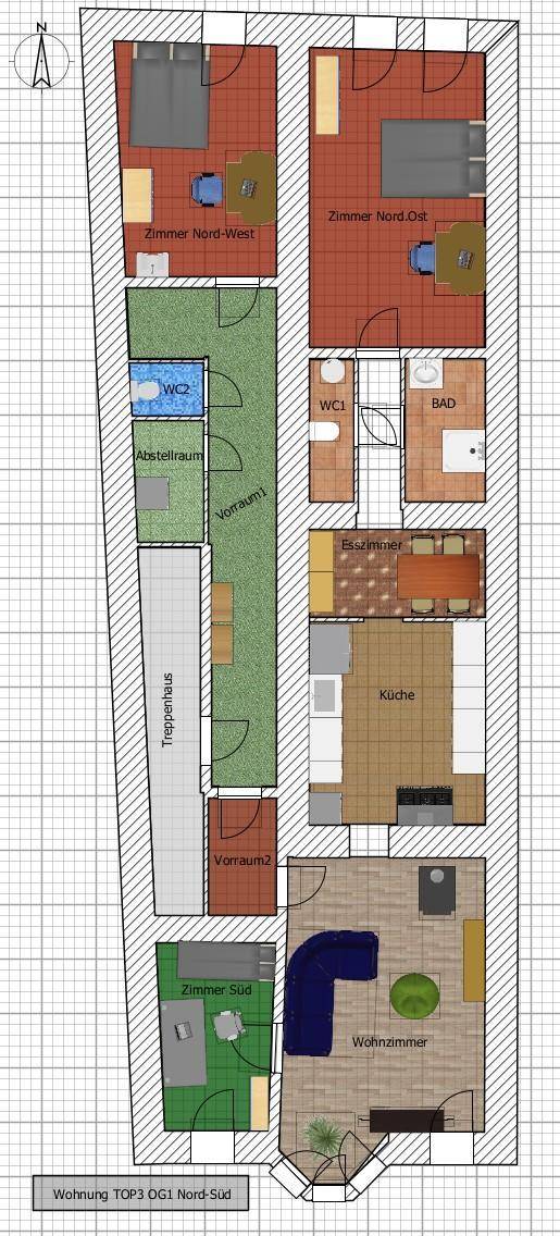 Grundriss der Wohnung TOP3 OG1 Nord-Süd mit drei Schlafzimmern, Wohnzimmer und separater Küche.