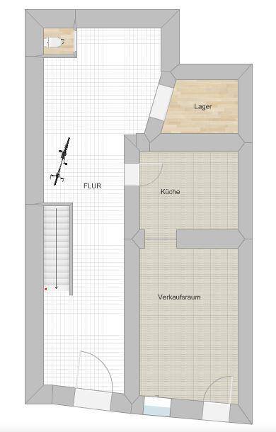 Grundriss einer Gewerbefläche mit Flur, Küche, Lagerraum und Verkaufsraum.