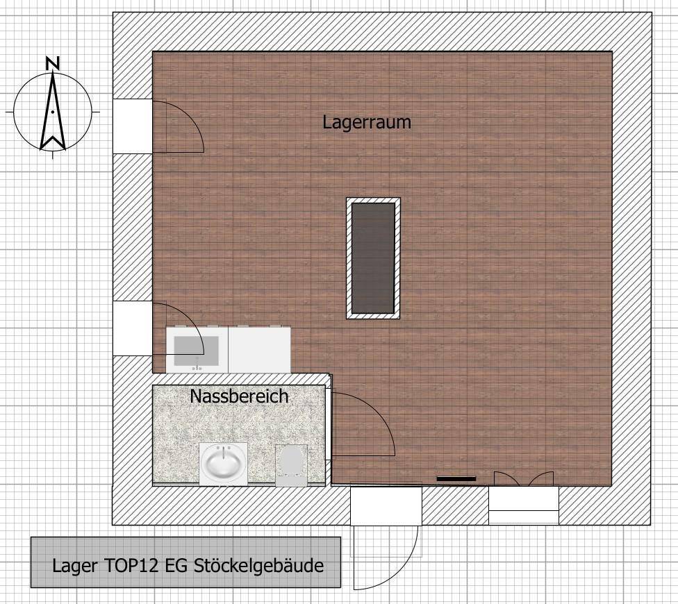 Grundriss des Lagerraums TOP12 EG mit Nassbereich und großzügiger Lagerfläche.