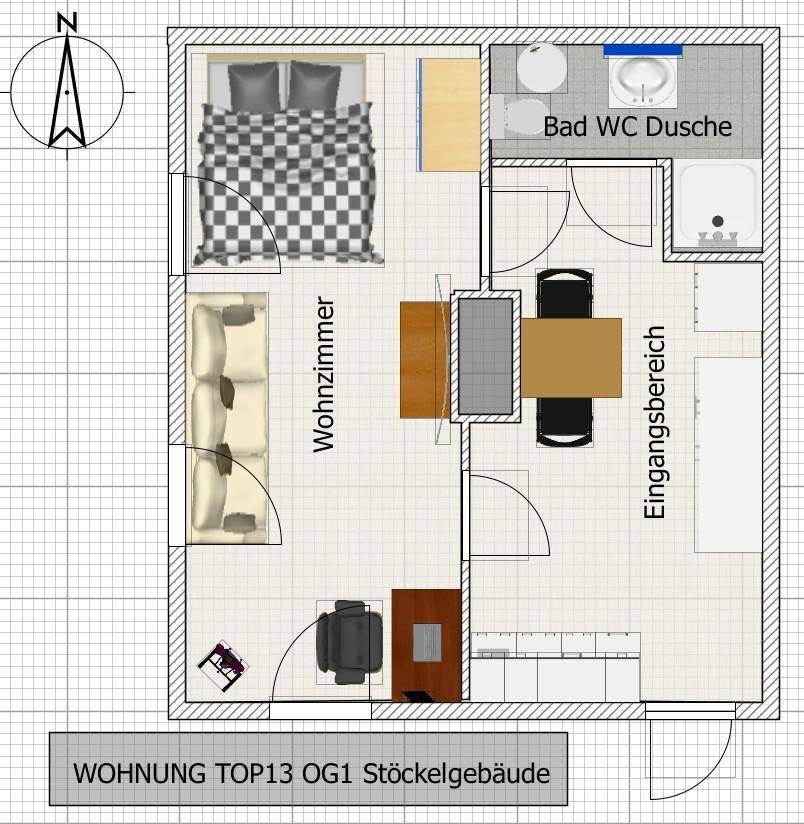 Kompakter Grundriss der Wohnung TOP13 OG1 mit Wohnzimmer, Schlafzimmer und Bad mit Dusche.