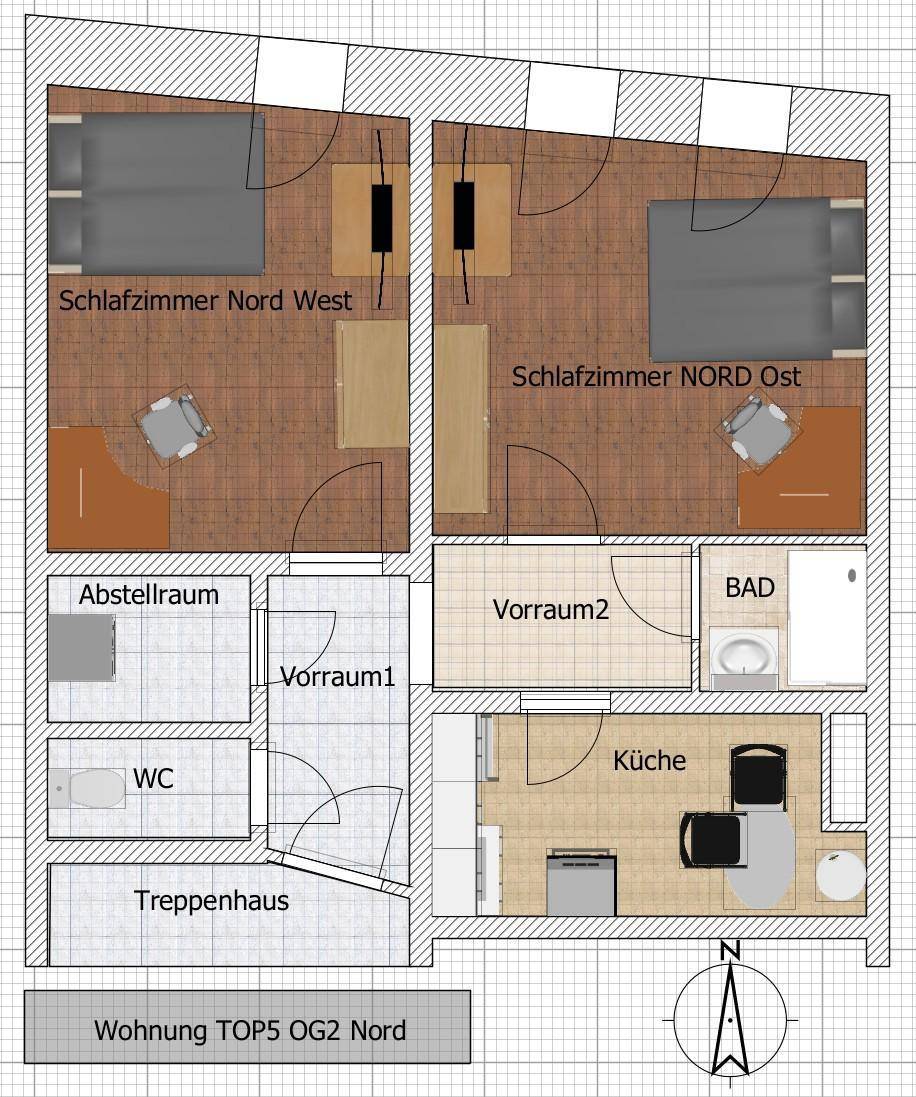 Grundriss der Wohnung TOP5 OG2 Nord mit zwei Schlafzimmern, Küche, Bad und separatem WC.