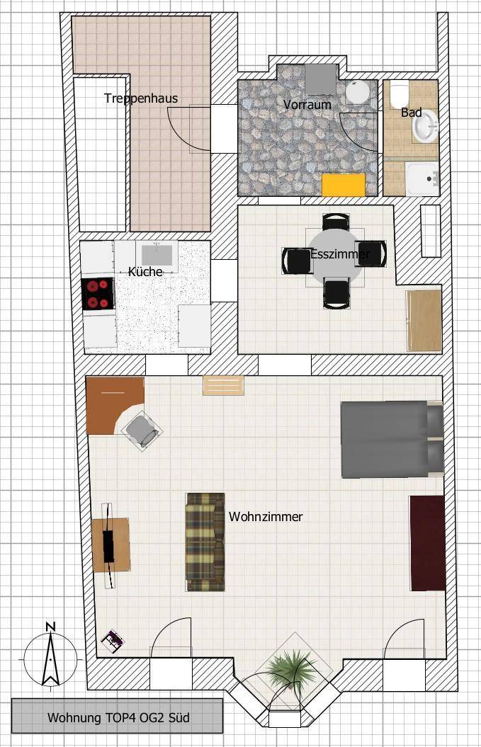 Grundriss der Wohnung TOP4 OG2 Süd mit Wohnzimmer, Esszimmer, separater Küche und Bad.