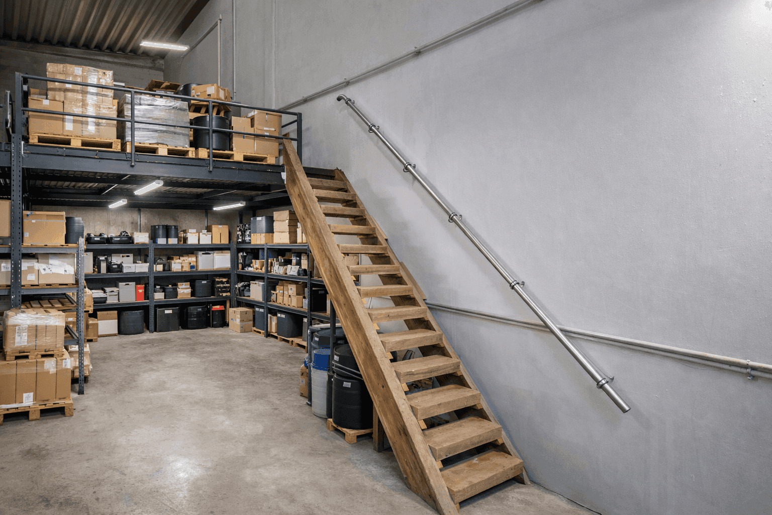 Geräumiger Lagerraum mit Betonboden, einer Holztreppe zur Mezzanine und Regalen voller Waren.
