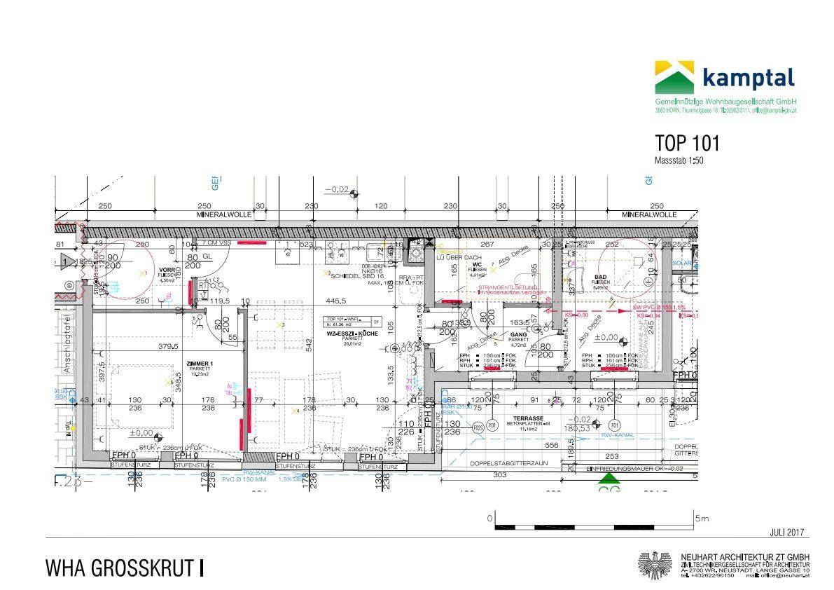 Detaillierter Grundriss einer Wohneinheit mit Terrasse und verschiedenen Räumen.