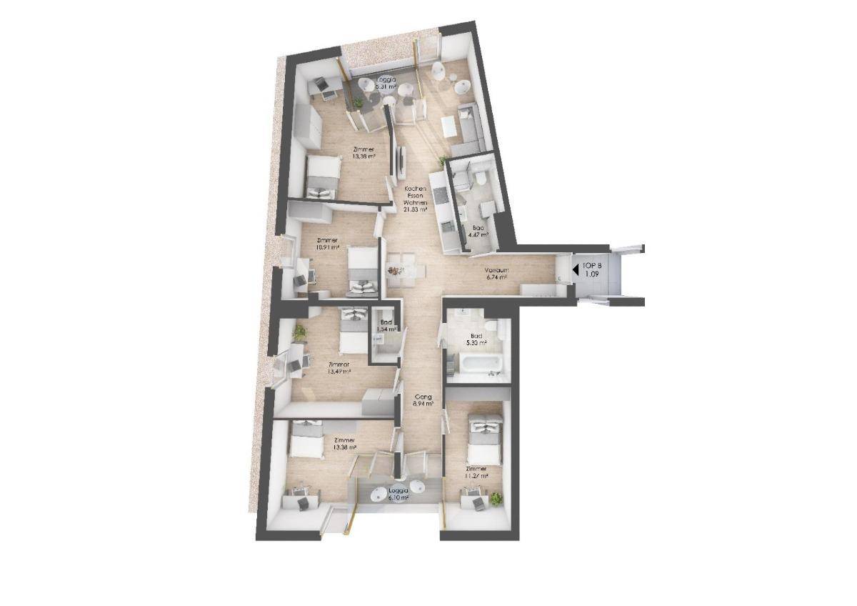 Detaillierter Grundriss einer Wohnung mit mehreren Zimmern, Loggia und Balkon.