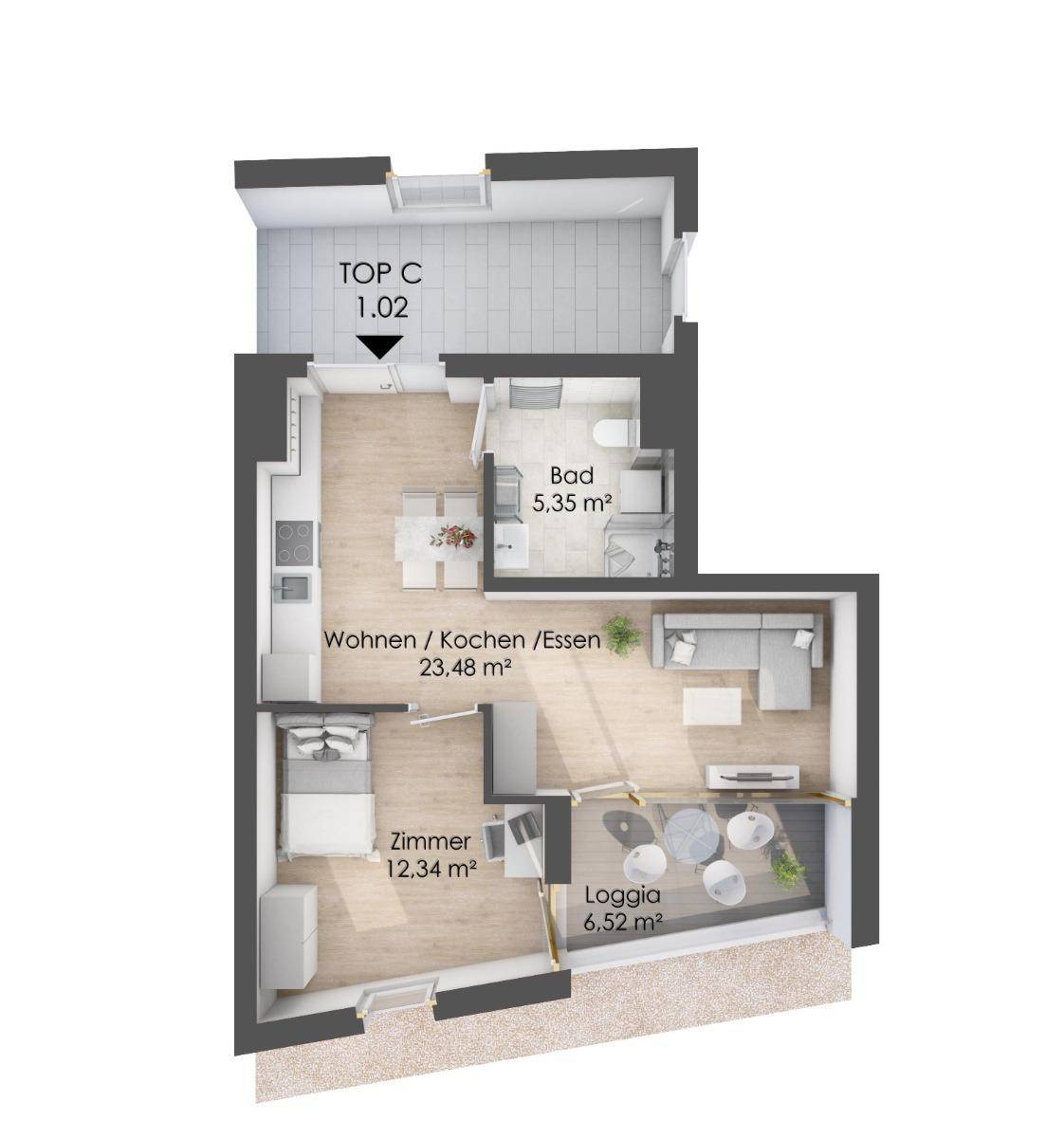 Grundriss einer Wohnung mit offenem Wohn-/Koch-/Essbereich, Schlafzimmer und Loggia.