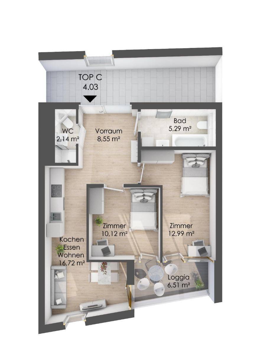 Grundriss der Wohnung Top C 4.03 mit Loggia, zwei Zimmern, Bad und separatem WC.