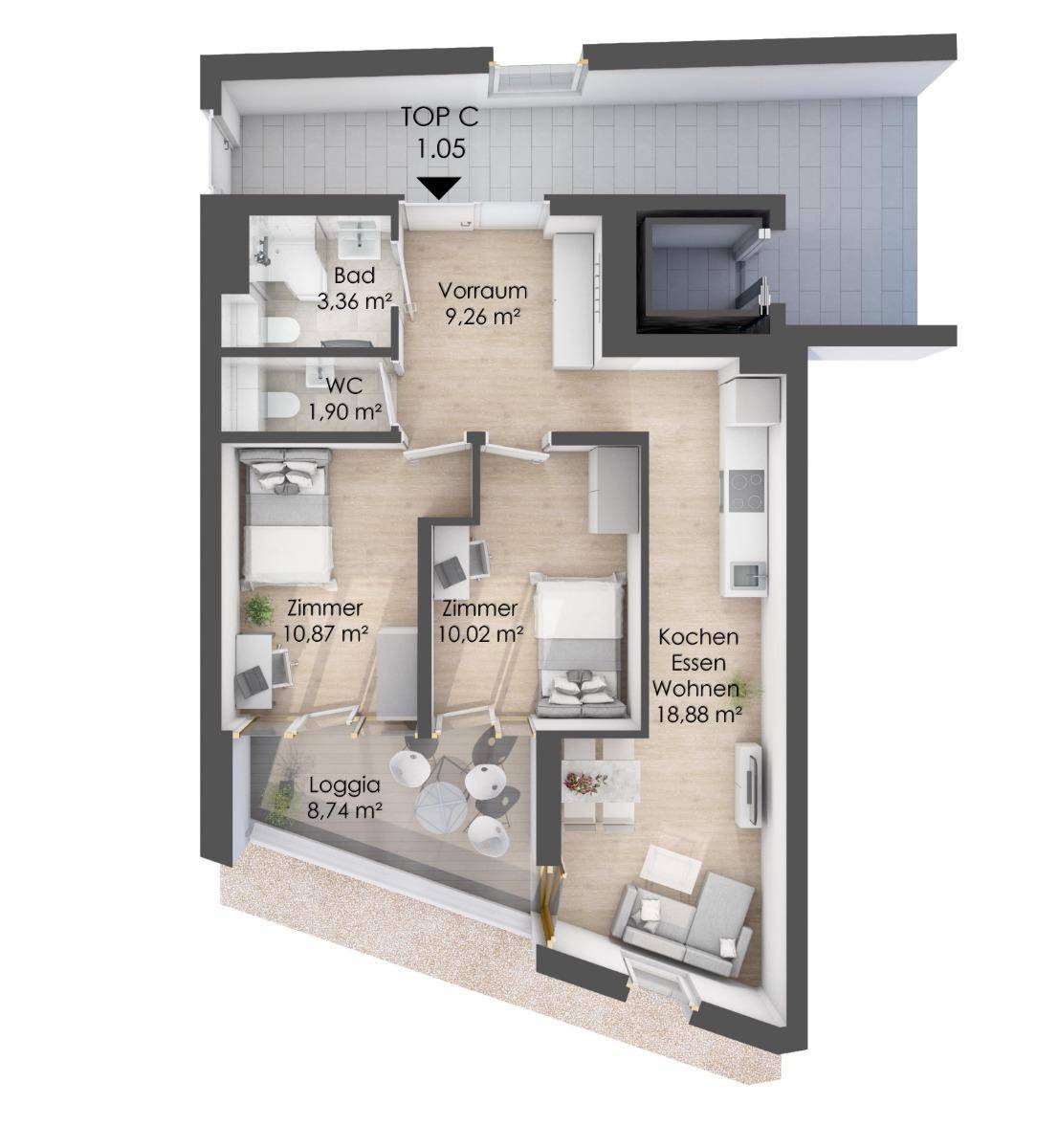 Detaillierter Grundriss einer modernen Wohnung mit offener Wohnküche, zwei Schlafzimmern und Loggia.