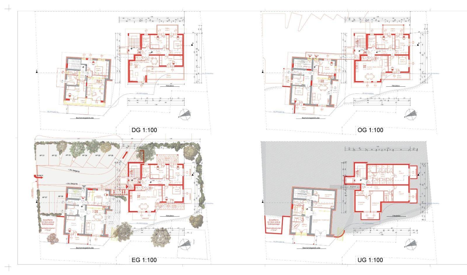 Vier Grundrisse zeigen verschiedene Ebenen und Layouts eines Wohngebäudes mit Garten und Terrassen.