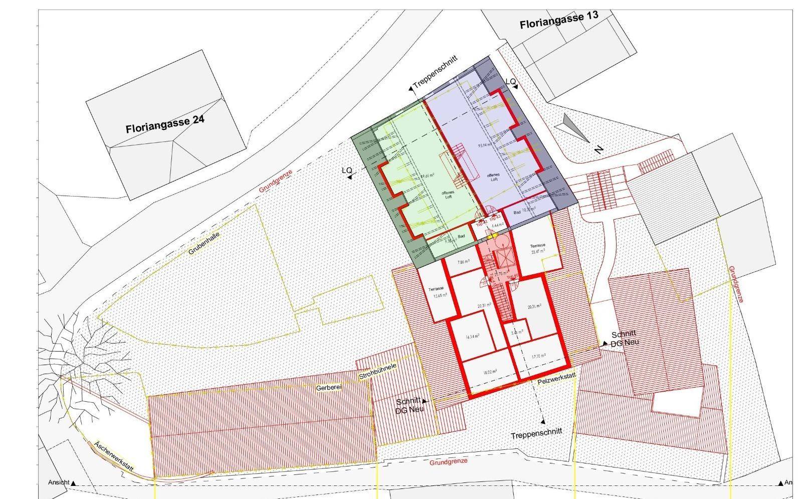 Lageplan des Grundstücks mit Gebäudegrundriss und angrenzenden Straßen sowie Bebauung.