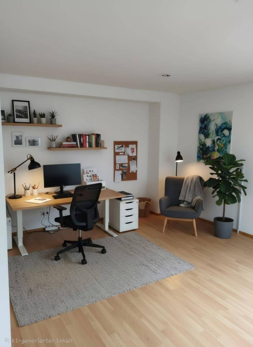 Modernes Heimbüro mit Schreibtisch, Bürostuhl, Regalen und hellem Laminatboden.