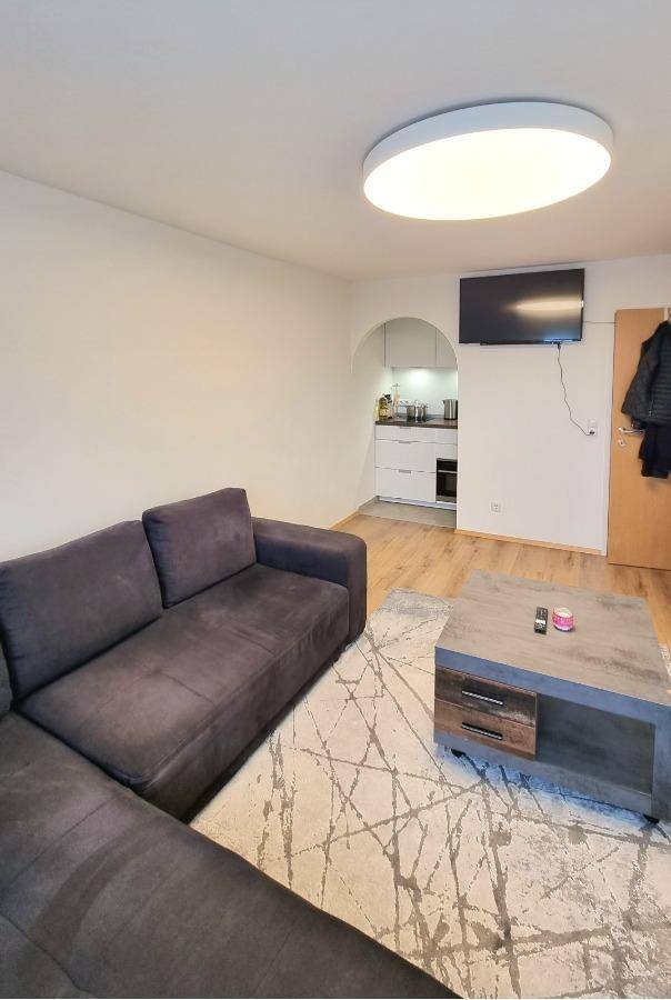 Wohnzimmer mit Sofa und Fernseher, das durch einen Bogen mit einer kleinen Küchenzeile verbunden ist.