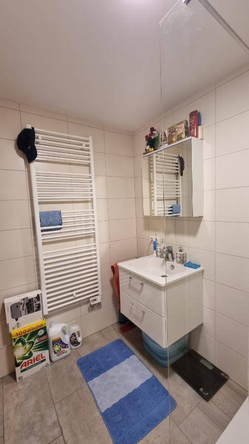 Badezimmer mit Waschbecken, beheiztem Handtuchhalter und Spiegelschrank über dem Waschtisch.
