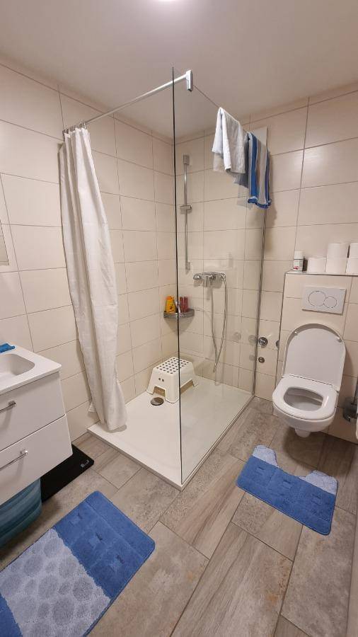 Modernes Badezimmer mit Duschkabine, WC und Waschbecken, ausgestattet mit hellen Fliesen.