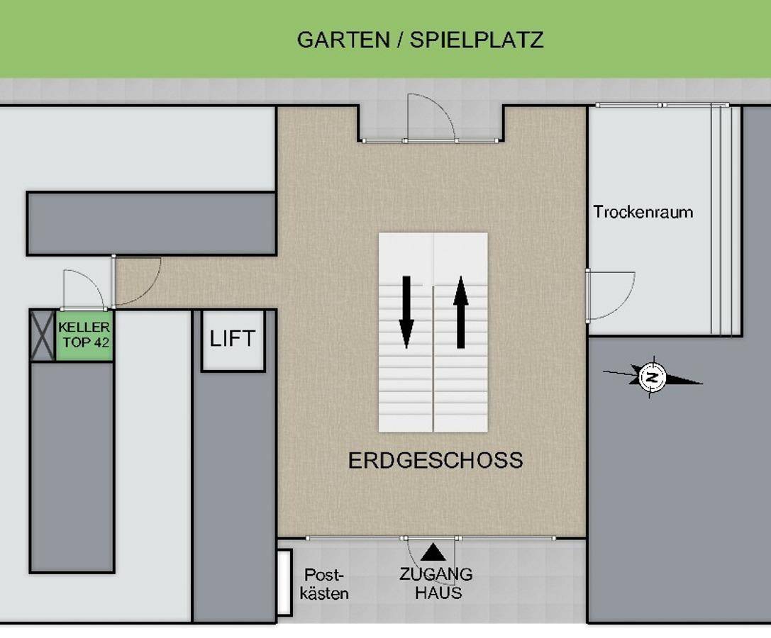 Grundriss des Erdgeschosses mit Zugang zum Garten, Kellerabteil und Trockenraum.