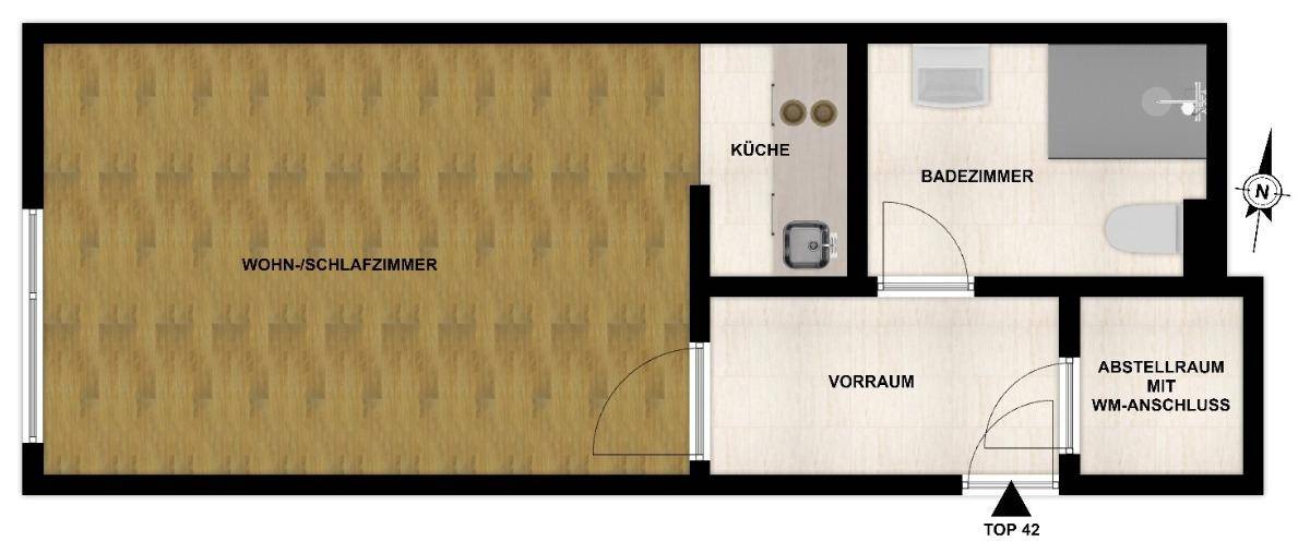 Grundriss der Wohnung Top 42 mit Wohn-/Schlafzimmer, Küche, Bad und Abstellraum.