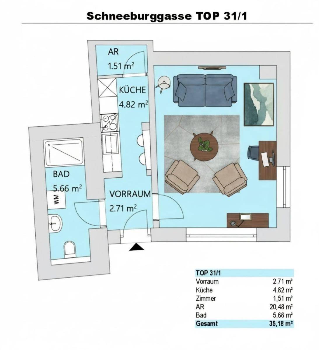 Detaillierter Grundriss der Wohnung TOP 31/1 mit Raumaufteilung und Flächenangaben.