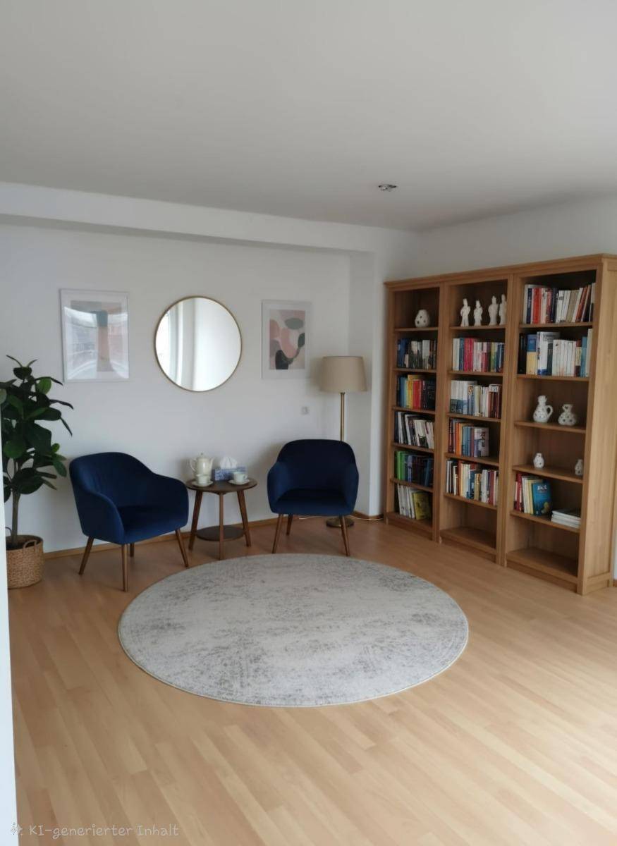 Gemütlicher Wohnbereich mit zwei blauen Sesseln, Bücherregalen und hellem Laminatboden.