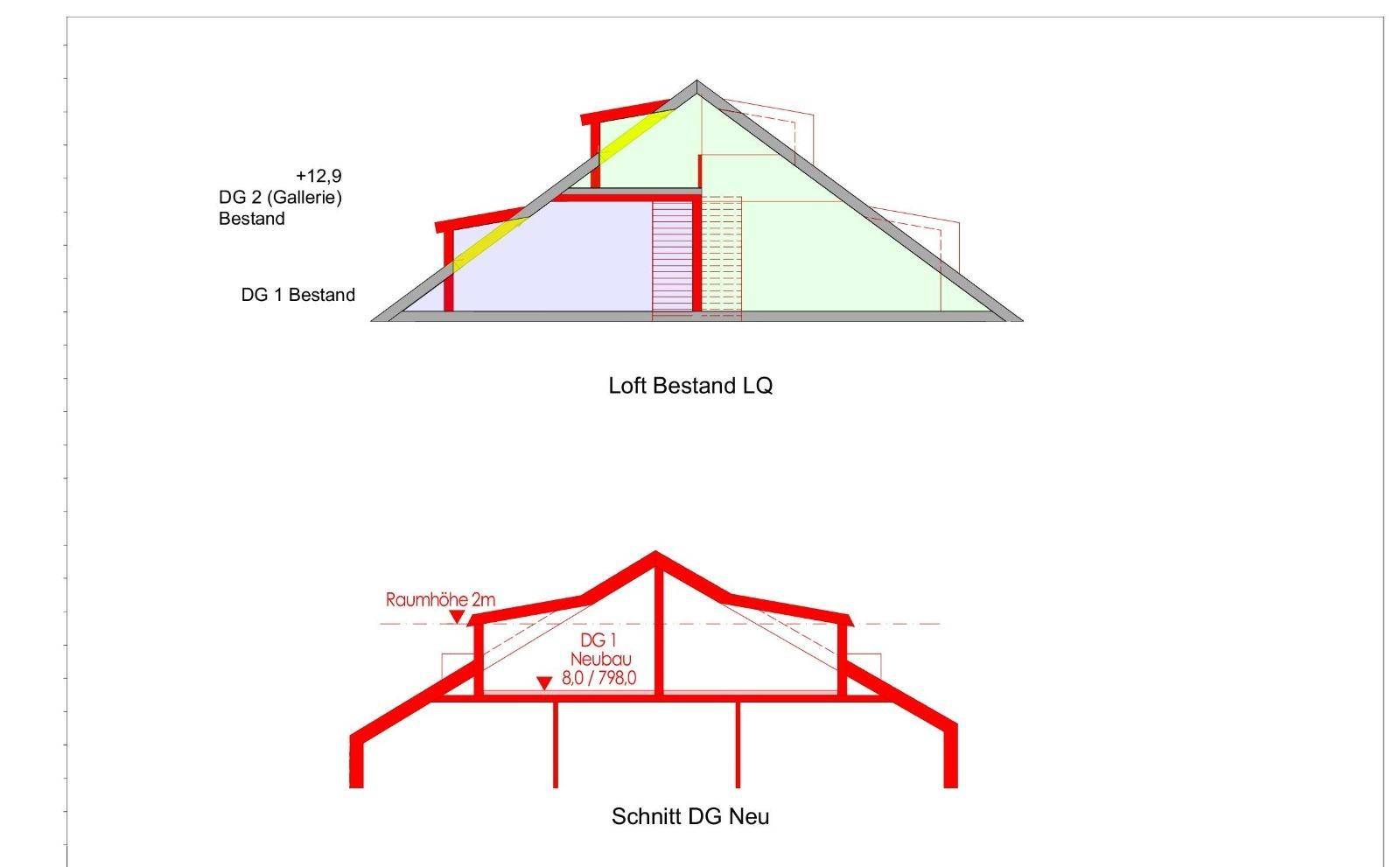 Architektonische Schnitte zeigen Dachkonstruktionen und die Gestaltung von Loftbereichen.