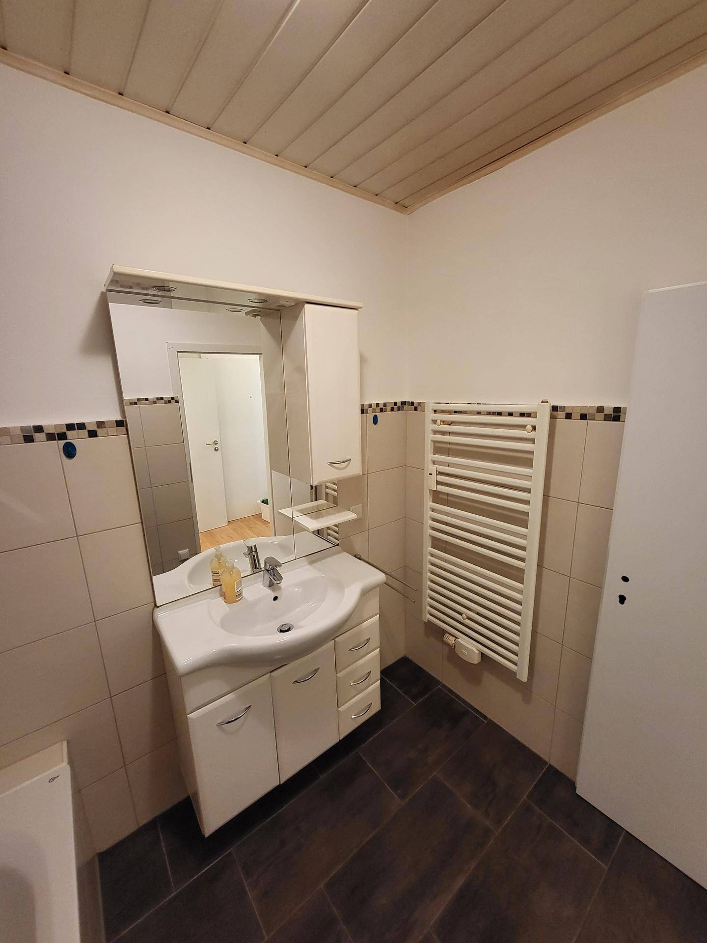 Badezimmer mit Waschbecken, Spiegelschrank und beheiztem Handtuchhalter.