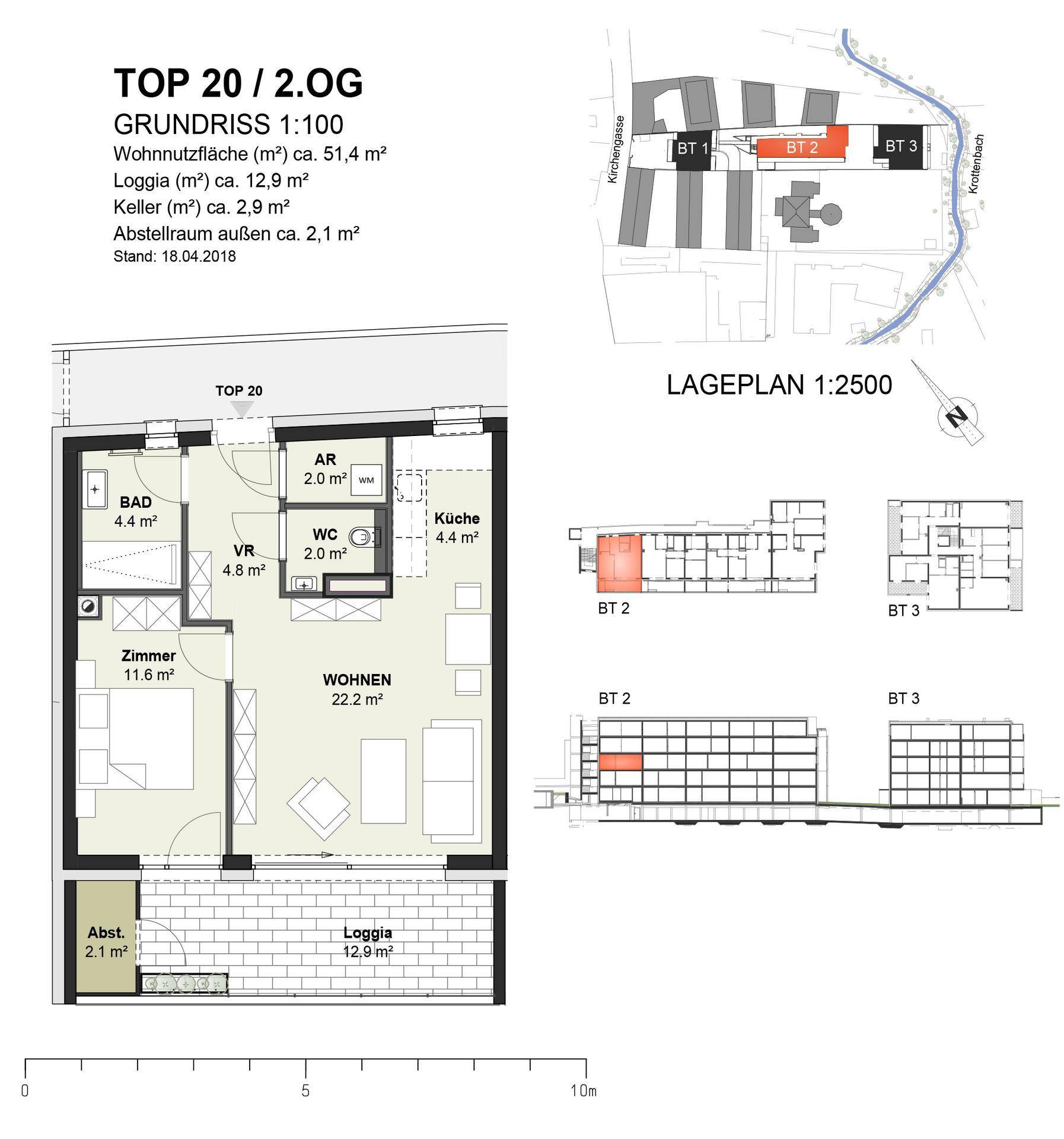 Grundriss der Wohnung TOP 20 mit Loggia, Bad und separatem WC.