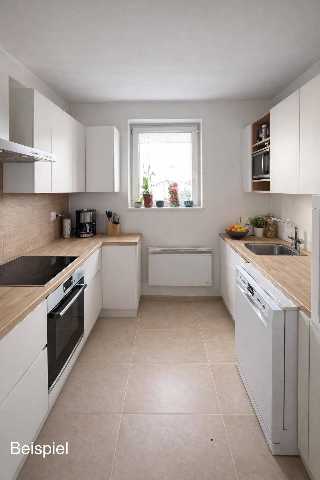 Moderne Küche mit weißen Schränken, Holzarbeitsplatten und Fliesenboden, ausgestattet mit Geräten.