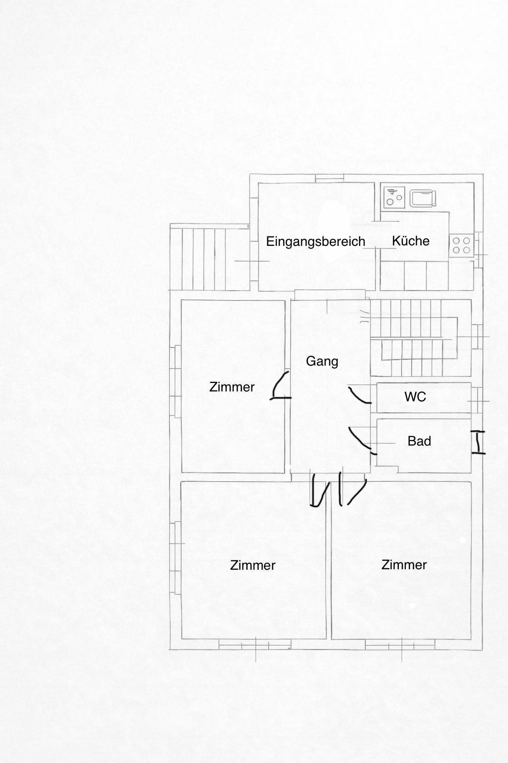 Einfacher Grundriss mit Zimmern, Bad und WC, zeigt die Raumaufteilung.