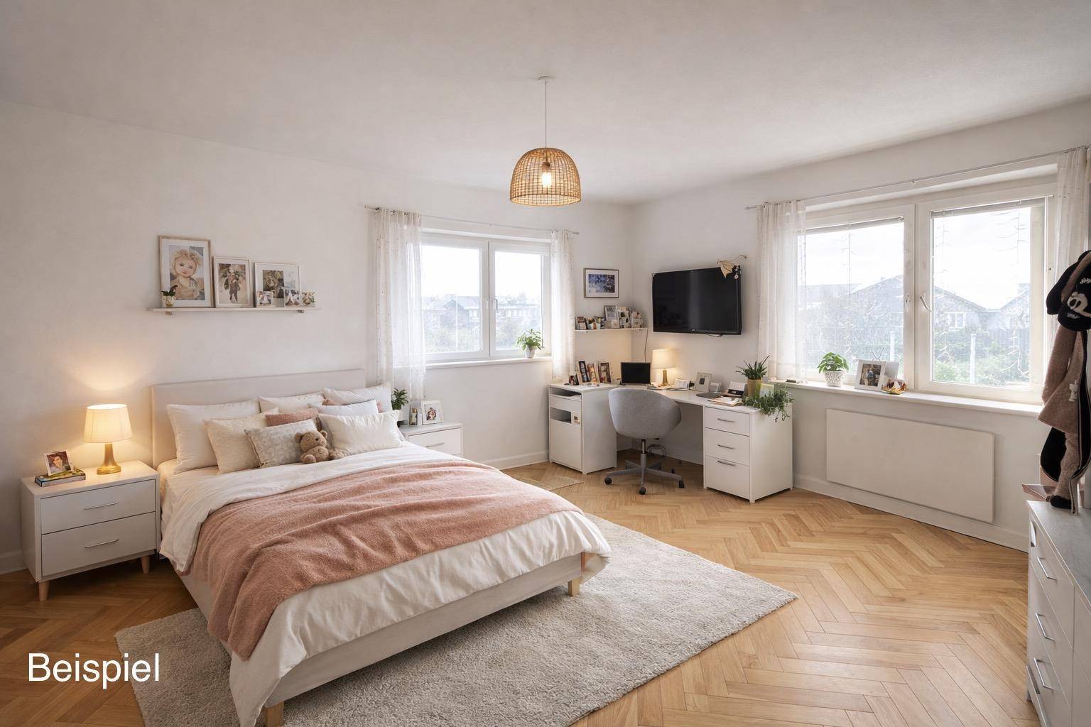 Freundliches Schlafzimmer mit Doppelbett, Schreibtisch und Holzboden, hell und modern eingerichtet.