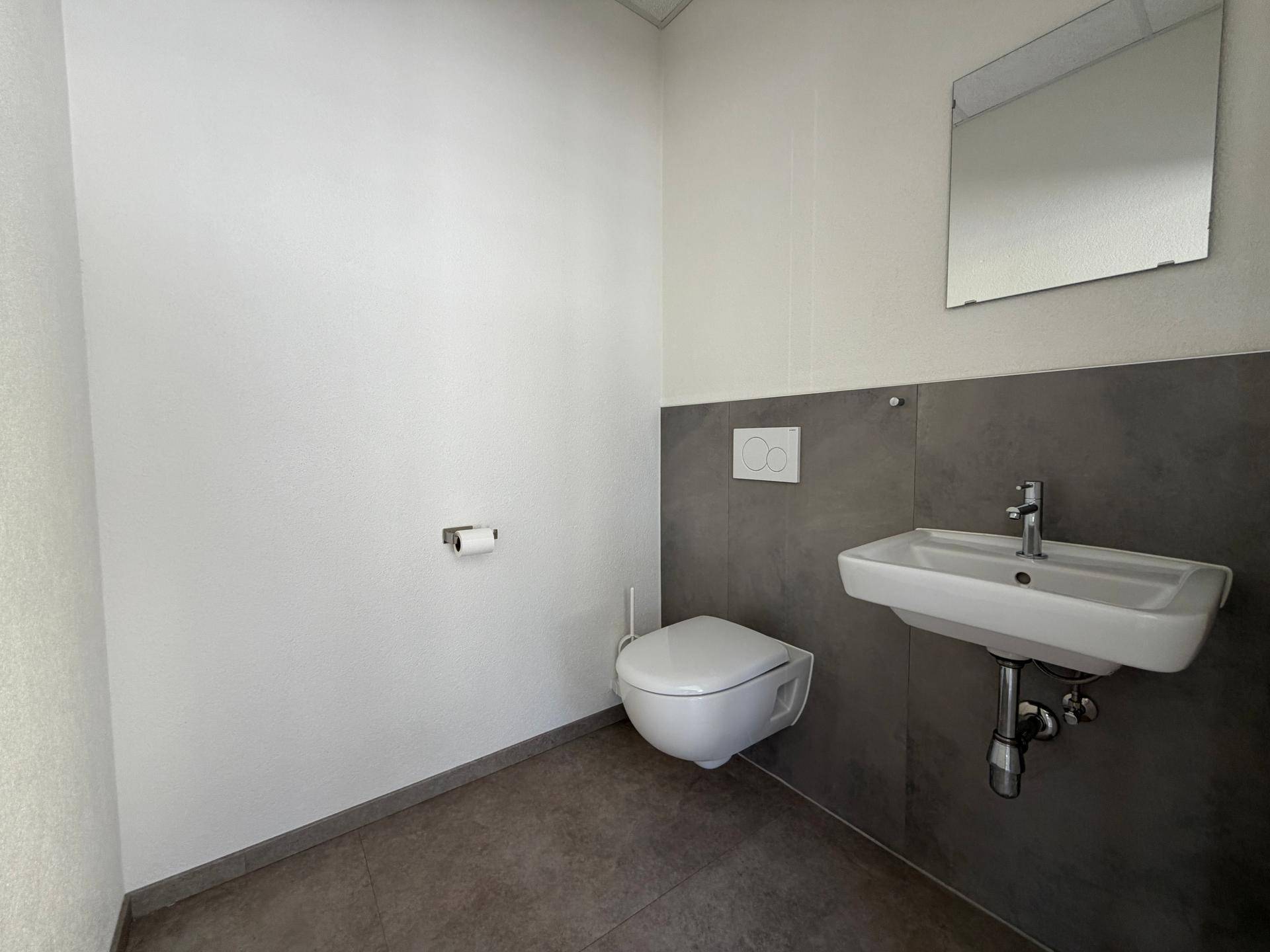 Modernes Gäste-WC mit wandhängender Toilette, kleinem Waschbecken und grauen Wandfliesen im unteren Bereich.