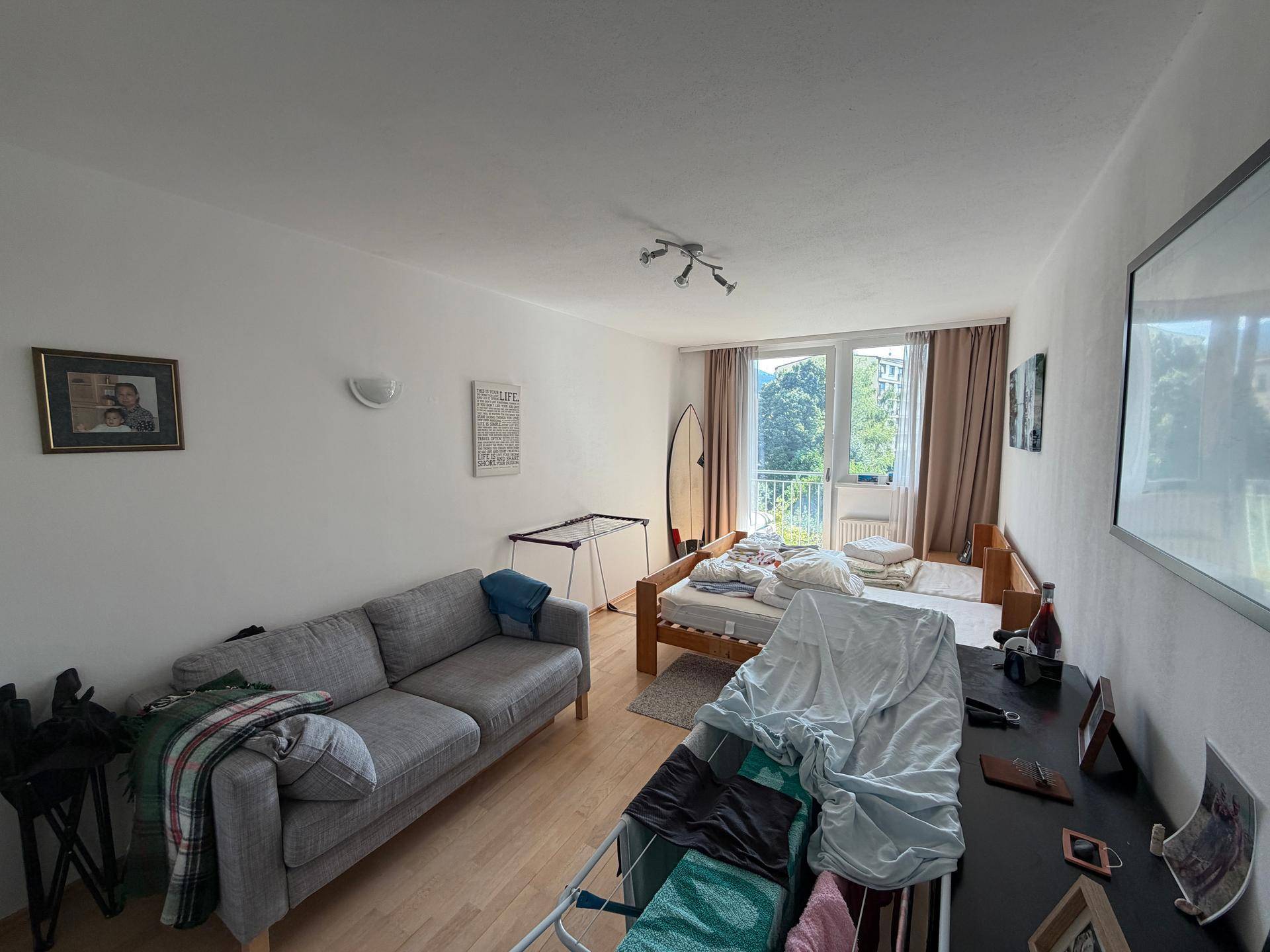 Kombinierter Wohn- und Schlafbereich mit Sofa, zwei Betten und Blick ins Grüne durch das Fenster.