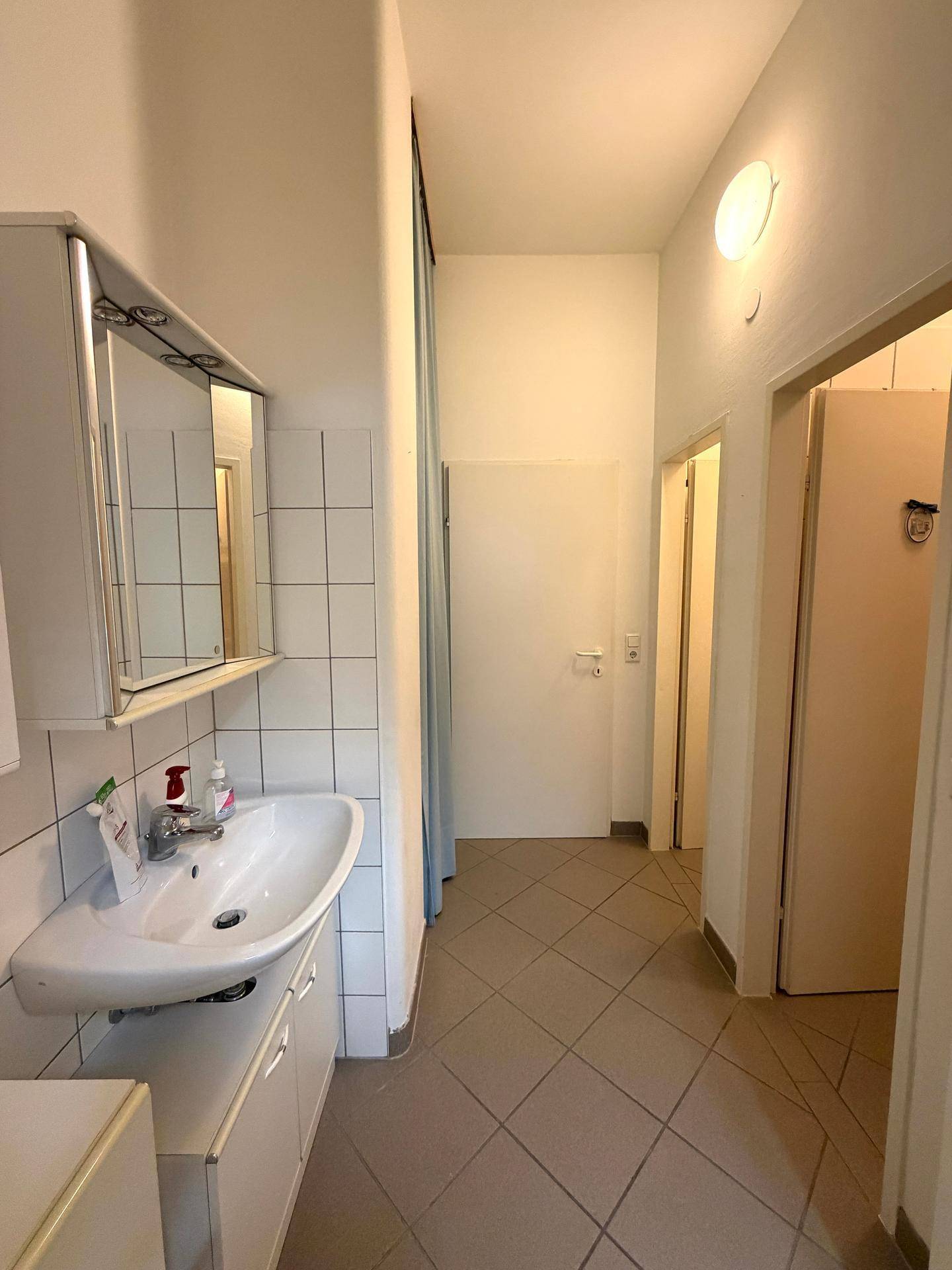 Badezimmer mit Waschbecken, Spiegelschrank und gefliestem Boden, inklusive Duschbereich.