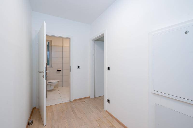 Heller Flur mit Parkettboden und Zugang zu einem Badezimmer oder einer Gästetoilette.