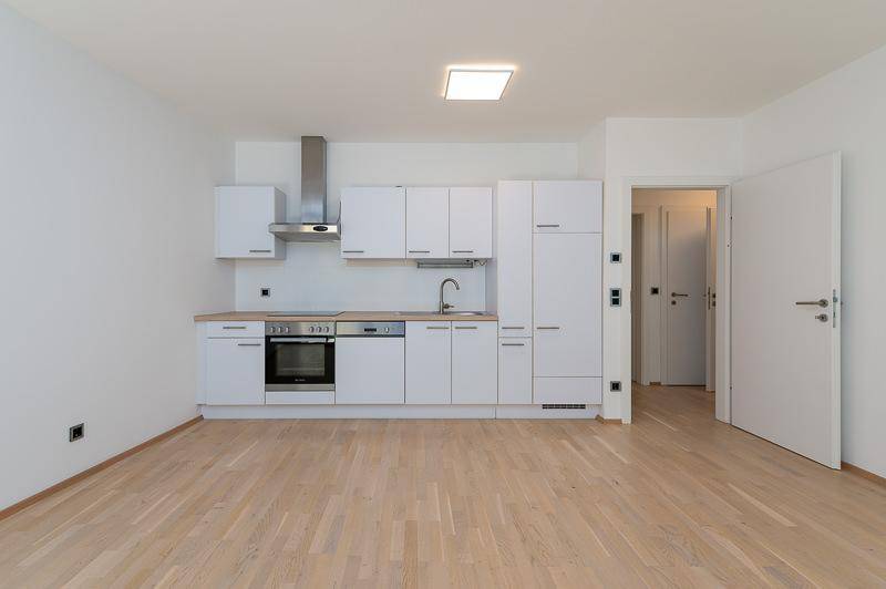 Moderne Einbauküche mit weißen Schränken, integrierten Geräten und hellem Parkettboden.
