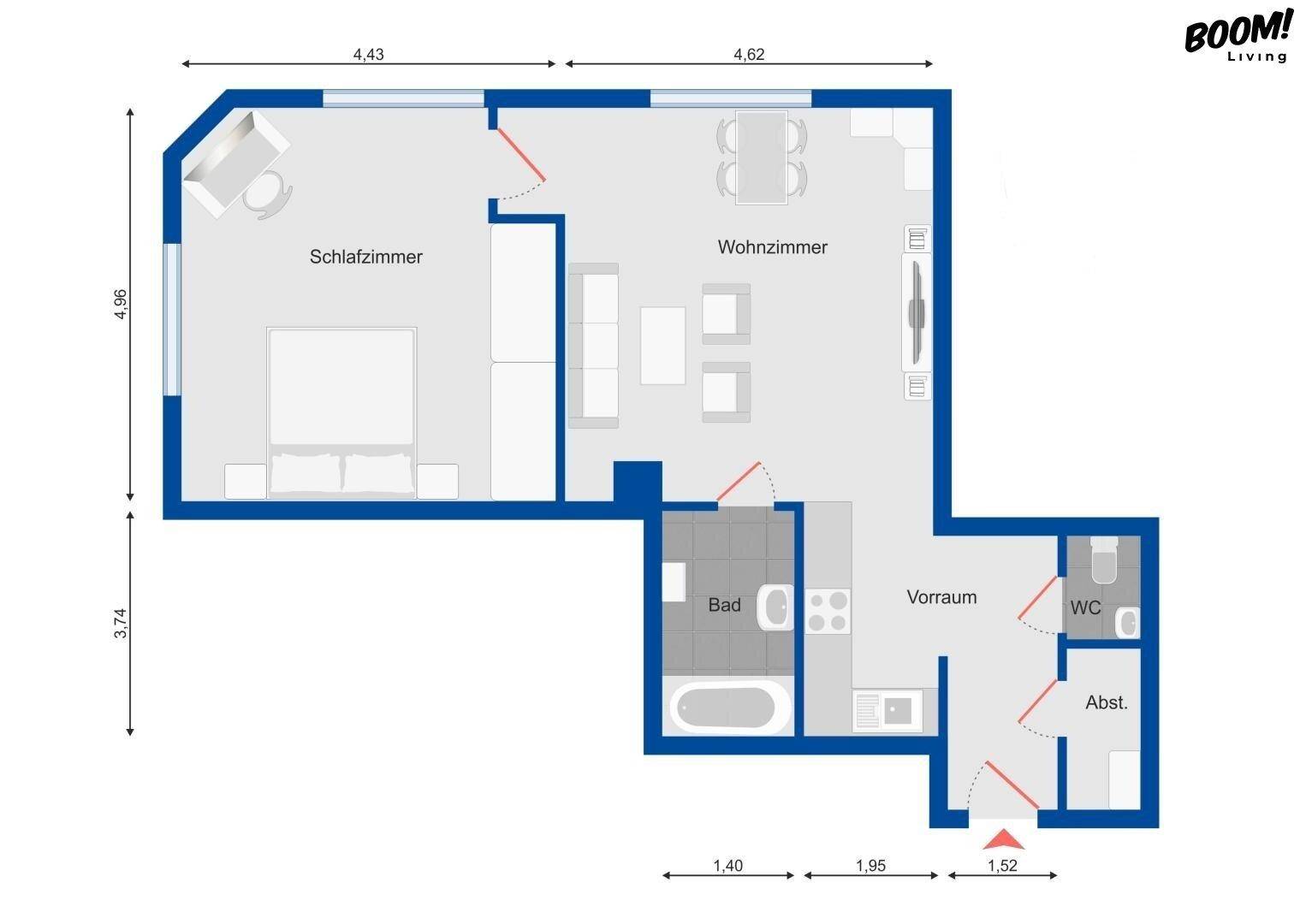 Detaillierter Grundriss der Wohnung mit Schlafzimmer, Wohnzimmer, Bad und separatem WC.
