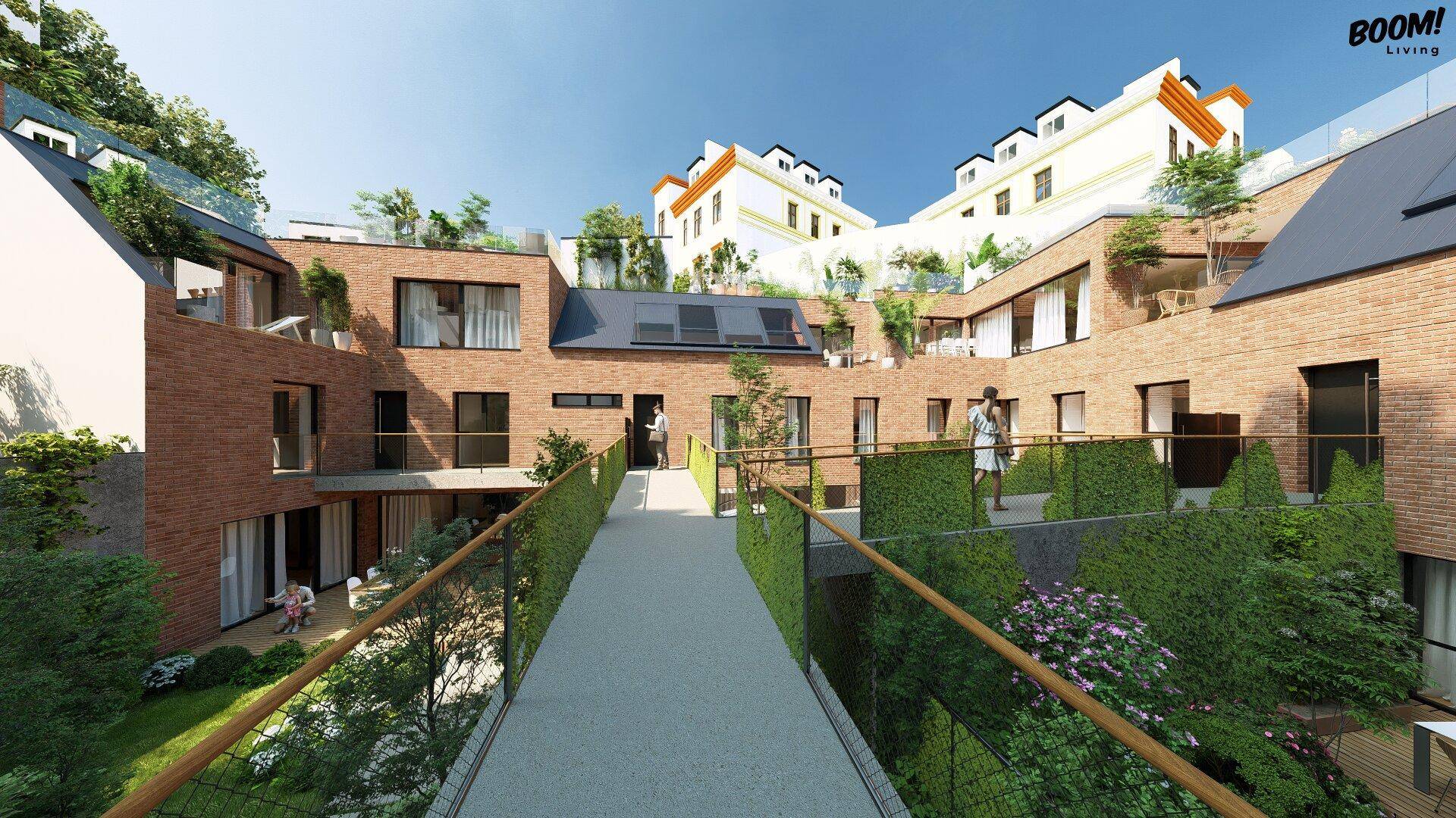Architektonisch gestalteter Außenbereich mit Brückenweg und begrünten Wänden zwischen Wohngebäuden.