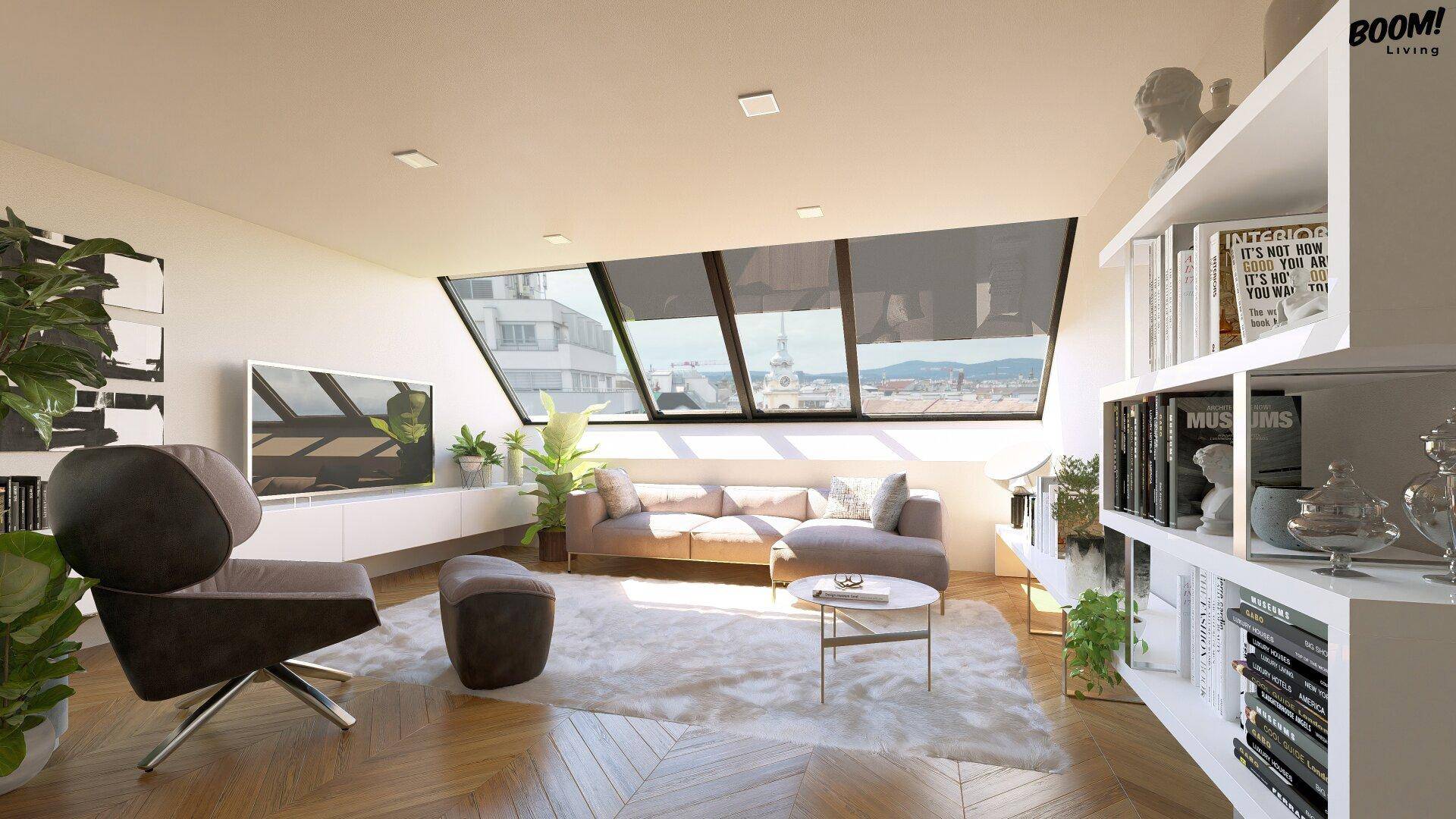 Helles Wohnzimmer mit Dachschrägenfenstern, Holzboden und moderner Einrichtung.