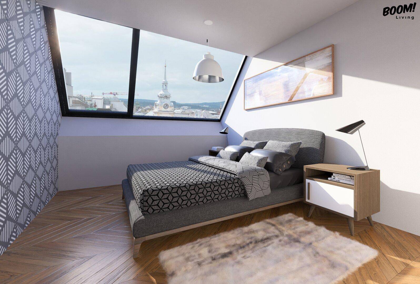 Modernes Schlafzimmer mit Dachschrägenfenster, Holzboden und Blick auf die Stadt.